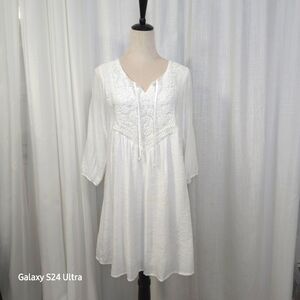 Indigo Rose‎ White Boho Chic Summer Dress Size M Cottagecore Peasant Bohemian